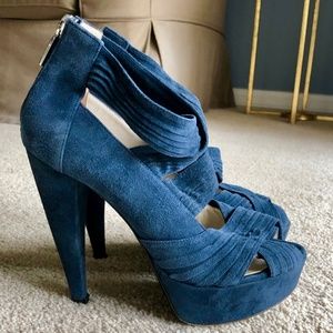 BRUNO MAGLI Blue Suede Platform Pumps